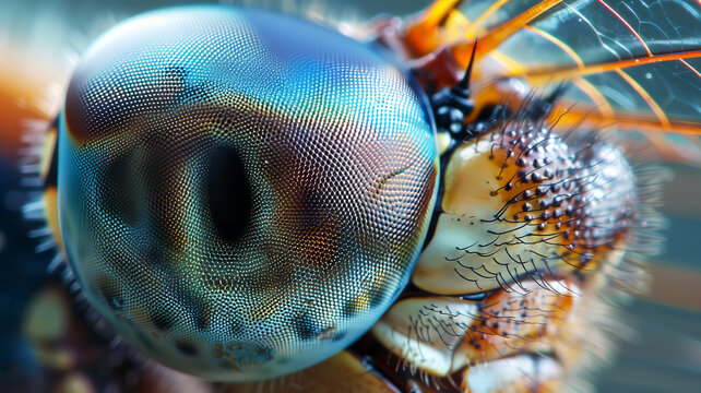 Macro close-up of a dragonfly head showing detailed compound eyes, textures and natural colors in a wildlife environment.