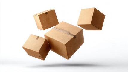 Fototapeta premium Cardboard boxes tumbling and flying, illustrating concepts of fast shipping, express online and service, delivery shopping