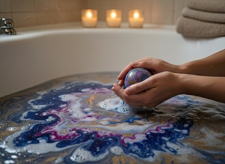 Person Holds Colorful Bath Bomb Over Bathtub Water With Candles Lit In Background Creating Relaxing Ambiance