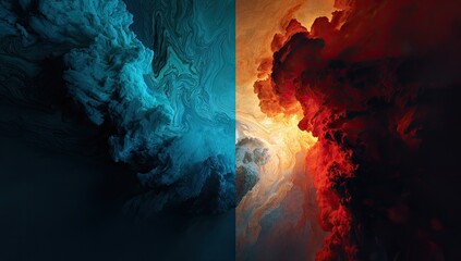 Two vertical halves. One, deep blue; the other, fiery red, like turbulent clouds