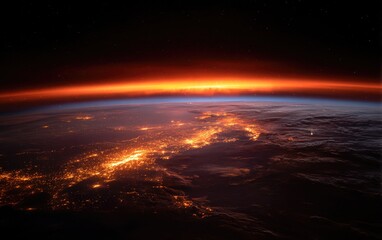 Breathtaking, high-angle view of a terrestrial globe at night, illuminated by city lights and sunrise