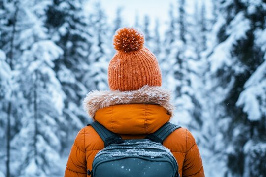 Young woman in winter coat and warm hat, enjoying a snowy landscape with majestic fir trees - Powered by Adobe