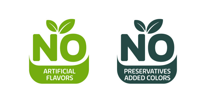 No artificial flavors, no preservatives added colors food labels isolated on white background
