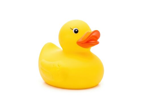 Bright yellow rubber bathing toy floats isolated against white background - Powered by Adobe