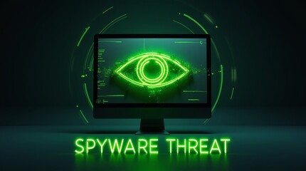 A digital display depicting a green eye symbolizing spyware threats on a dark background.