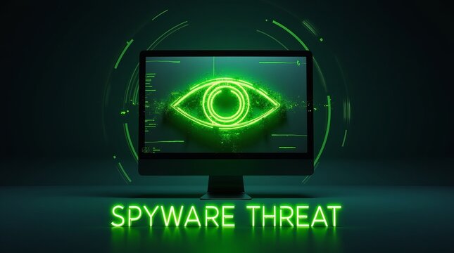 A digital display depicting a green eye symbolizing spyware threats on a dark background.