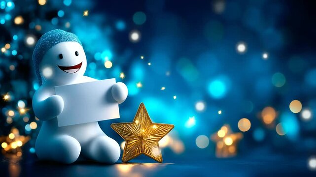 Faceless joyful holiday figure displaying blank message sign, defocused deep blue background with elegant golden star decoration bokeh, winter festive greeting concept, seasonal ce