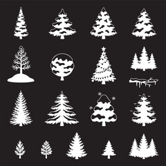 Obraz premium Christmas trees collection illustration set features various evergreen tree designs many adorned with snow and one decorated with lights perfect for holiday and winter season themes