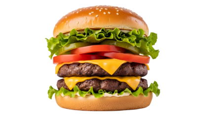Delicious double cheeseburger with fresh ingredients isolated on transparent background