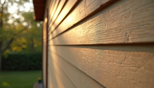 Close view of beige fiber cement siding. The textured surface reflects warm sunlight. Trees and green grass visible in blurred background outdoors.