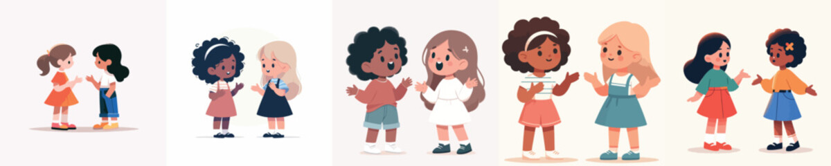 vector 2 little girl talking casually with open hand gestures