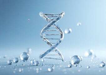 A clear, translucent double helix structure floats amidst spheres of shimmering droplets, all on a gradient blue