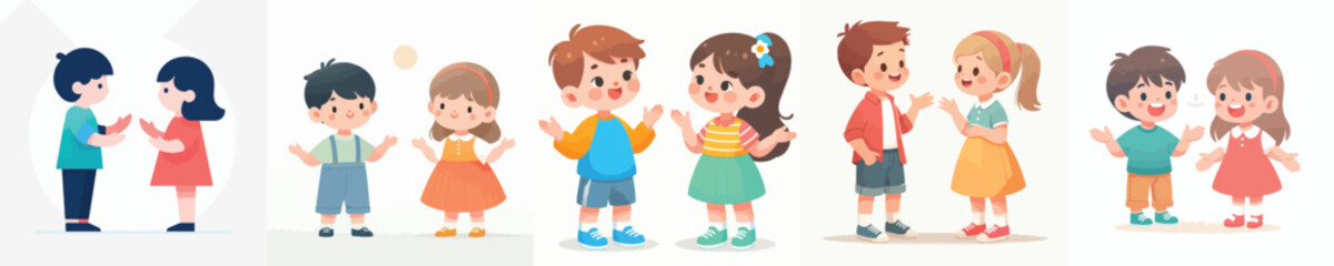 vector little boy and little girl talking casually with open hand gestures