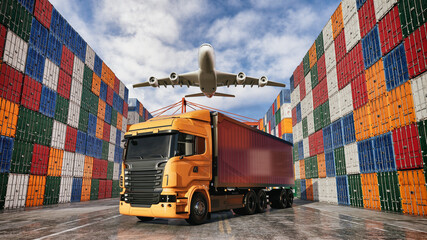 Yellow container truck and airplane in cargo yard © DigitalPenTH
