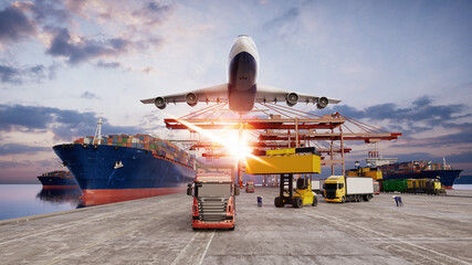 Airplane cargo ship and trucks at busy port © phaisarnwong2517