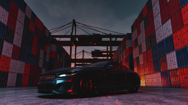 Sports car at container yard at night shipping terminal