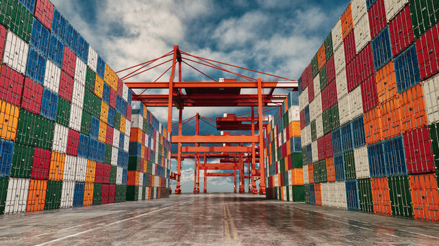 Colorful cargo container stacks and cranes at shipping terminal