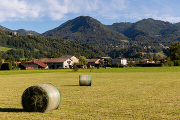 Alpine rural landscape at sunset: freshly harvested hay bales in a green field, with old farmhouses and barns in the background, framed by the majesty of the mountains. A snapshot of country life