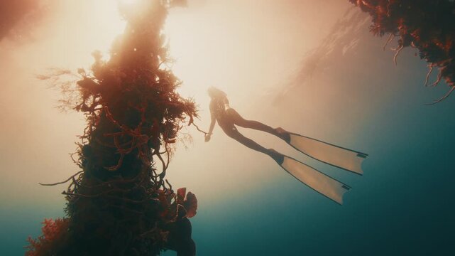 Freediver swims underwater near the stilts covered with corals. Person freediving under an old pier with stilts