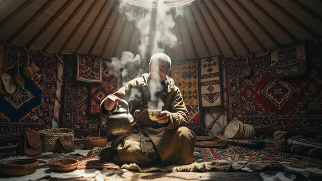Old man pouring steaming tea from decorated teapot into cup inside traditional yurt tent for a warm drink