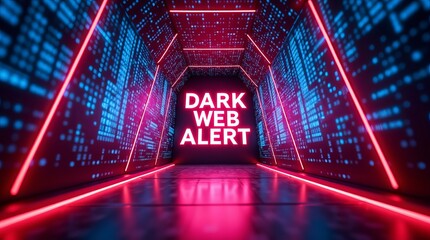 A digital corridor illuminated in neon pink and blue, featuring the text 'DARK WEB ALERT' prominently displayed.