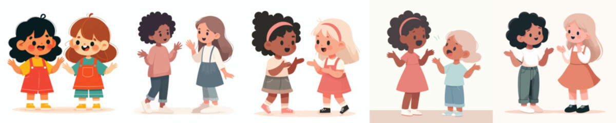 vector 2 little girl talking casually with open hand gestures