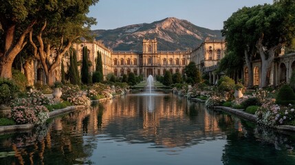Fototapeta premium A serene view of a historic garden with a stunning fountain and lush greenery, reflecting the elegance of architecture against mountains. Perfectly peaceful atmosphere.