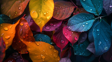 ChatGPT said:

Colorful drops of water in shades of pink, purple, blue, yellow, and green rest delicately on a multicolored leaf, sparkling in the light and creating a vibrant, refreshing scene.