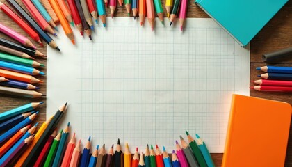 Colorful pencils lie on blank grid paper near notebooks. Art supplies and stationery on wooden table. Back to school concept. Creative workplace for designer. Copy space for drawing, lettering.