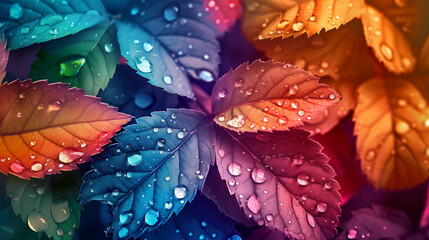 Naklejka na ściany i meble ChatGPT said:Colorful drops of water in shades of pink, purple, blue, yellow, and green rest delicately on a multicolored leaf, sparkling in the light and creating a vibrant, refreshing scene.