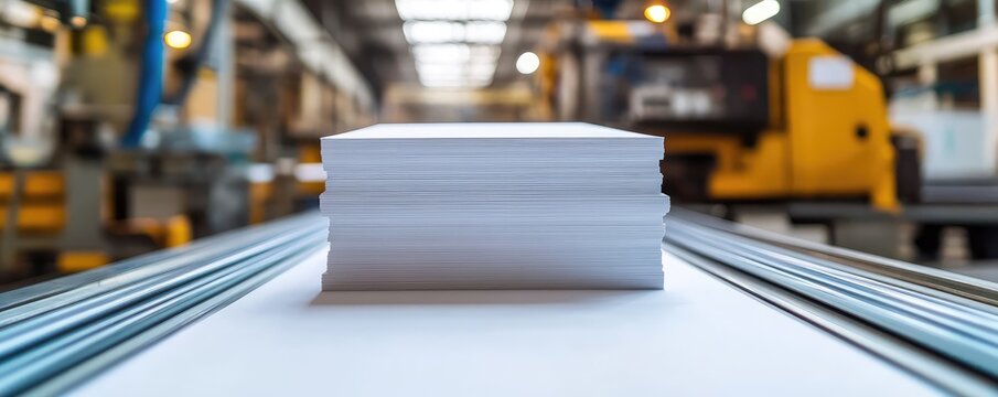 Stacking freshly cut paper sheets in factory.