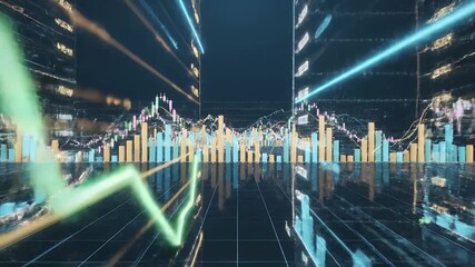 Abstract digital interface showcasing vibrant financial market analysis, glowing charts, and stock data trends, symbolizing global business growth and investment - Powered by Adobe