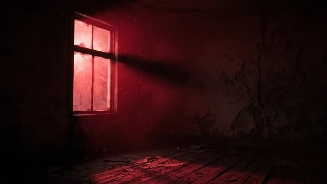 Eerie red light beams through a dilapidated window into a dark, decaying room, creating a haunting scene