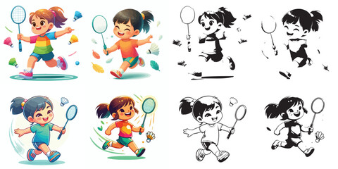 vector and silhouette set of little boy playing badminton on white background