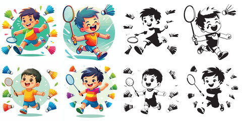 vector and silhouette set of little boy playing badminton on white background