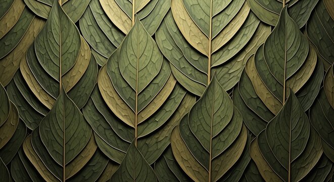 Fototapeta A pattern of green and yellow leaves arranged in overlapping layers