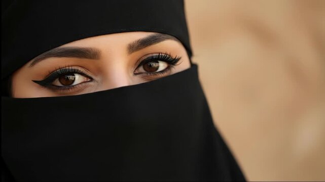 Woman wearing niqab with expressive eyeliner eyes, mysterious fashion in Middle Eastern culture for traditional apparel concept.