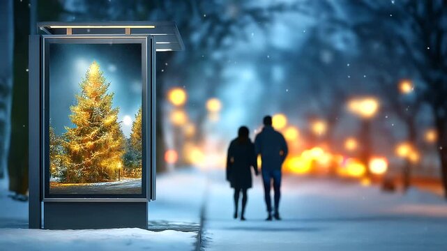 Winter evening landscape with illuminated Christmas tree and blank promotional board, faceless couple holding hands in foreground, defocused snow-covered forest path, festive outdo