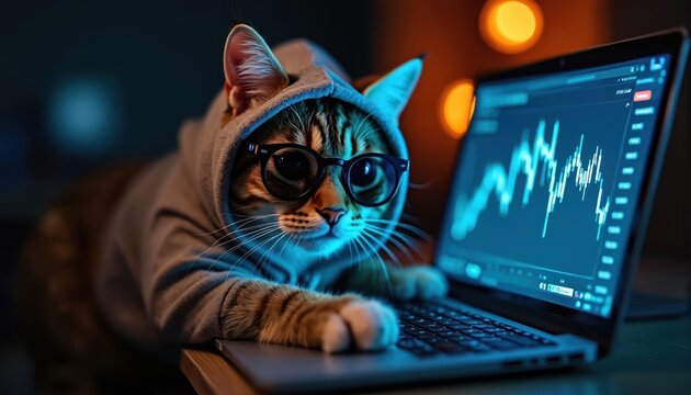 Cat wearing glasses and hoodie works on laptop. Feline analyzes stock market chart on computer screen. Animal uses technology for online trading or learning in dark room. - Powered by Adobe