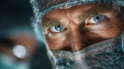 A close-up of a surgeon with striking blue eyes, wearing a surgical mask and cap, captured in a dramatic light, showcasing concentration and professionalism.