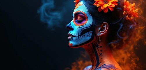 Woman with colorful sugar skull face paint, flowers in hair. Female with blue, orange makeup, dark hair, vibrant floral accessories. Portrait of person with artistic skull design on face, black