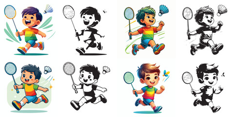 vector and silhouette set of little boy playing badminton on white background