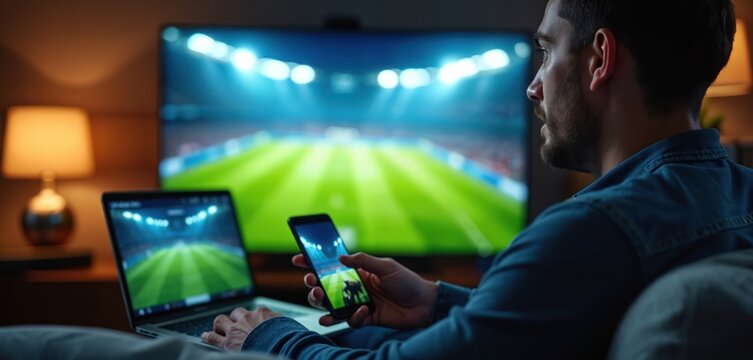 Man watches football game on TV laptop and phone. He is engaged with sports event using multiple devices. Indoors at home enjoying live match streaming on big screen and checking stats.
