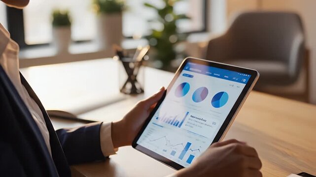 Close-up of a business professional reviewing market trends and financial performance charts on a digital tablet, symbolizing data-driven decision-making and modern analytics in a dynamic work