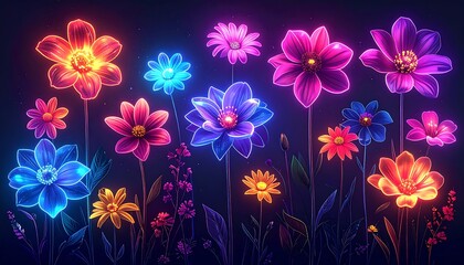 Vibrant Neon Flowers in Dark Background.
