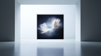 futuristic, transparent television screen displaying a hyperrealistic image of a nebula, floating in the center of a modern, minimalist room, blending seamlessly with the environment. 