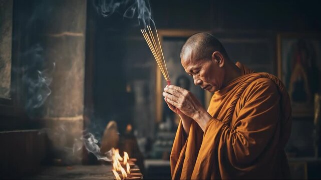 Male buddhist monk holding incense sticks by fire altar with smoke for meditation ritual in a temple. Eastern culture tradition and spiritual ceremony.