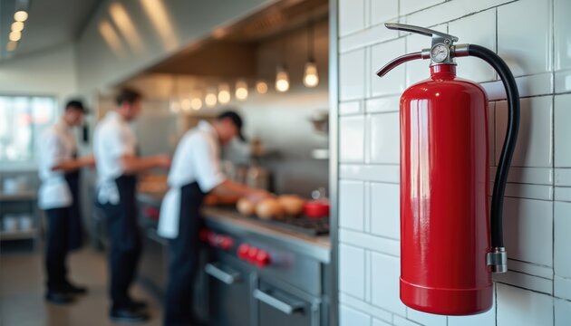 Red fire extinguisher mounted on kitchen tile wall. Chefs work in the blurred background. Kitchen safety equipment and fire protection ready for any emergency.