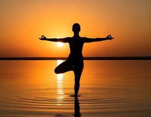 Silhouette of a person practicing tree pose yoga in calm water against a vibrant orange sunset sky