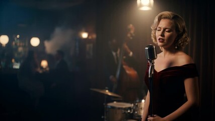 A vintage-style jazz singer performing on stage with a retro microphone, accompanied by a live band in a smoky, atmospheric club setting. - Powered by Adobe